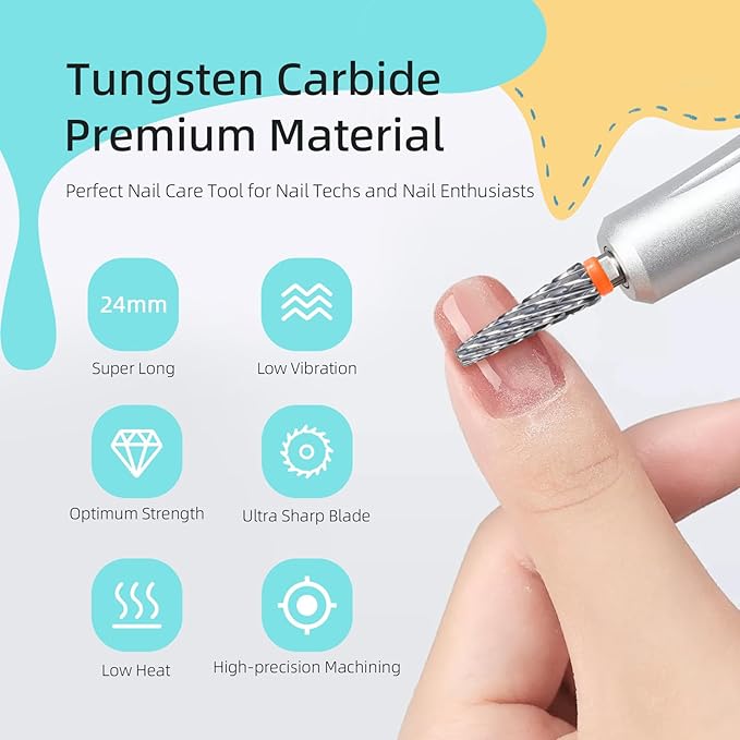 24mm Super Long 5 in 1 Nail Drill Bits, Cross Tapered Carbide Bit, 3/32" Two-way Rotate for Both Hand, Remove Acrylic Nails/Gel, Electric File Tool Drills Manicure Accessories (2XC)