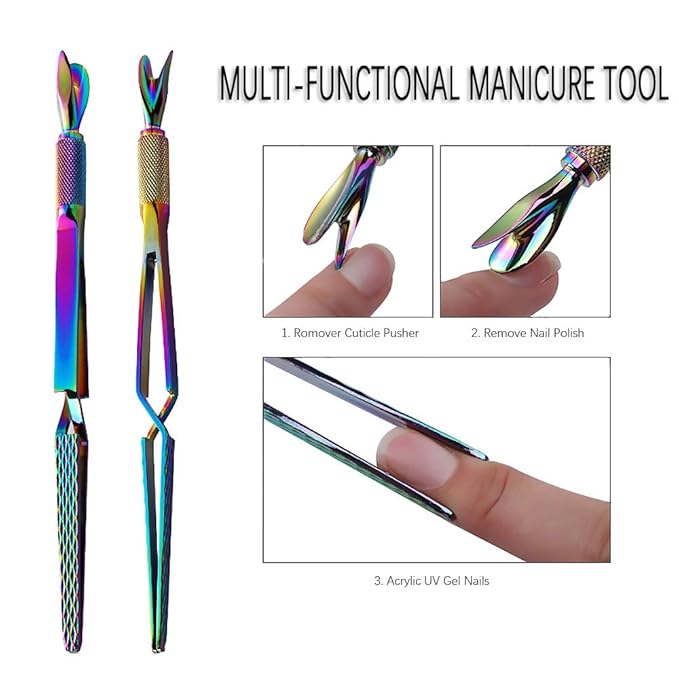 SILPECWEE 1Pc Colorful Stainless Steel Nail Art Pincher Cuticle Pusher Cuticle Nippers False Nail Shaping Tweezers Multi-Function Nail Care Manicure Sticks Nail Art Tools