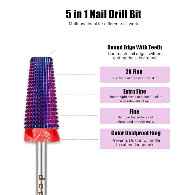 Depvko Super Long 5 in 1 Nail Drill Bits, 3/32'' Carbide Tungsten Bits, Two Way Rotate Professional Advanced Safety Bits for Nail, Fast Remove for Manicure Pedicure (Classic 5in1-Purple, Fine-F)