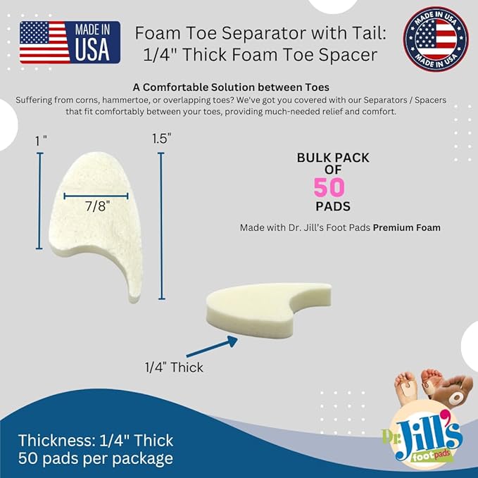 Dr. Jill's Foot Pads, YJ44-9070, Toe Separator Pad 1/4" Foam (50 Pack) with Tail