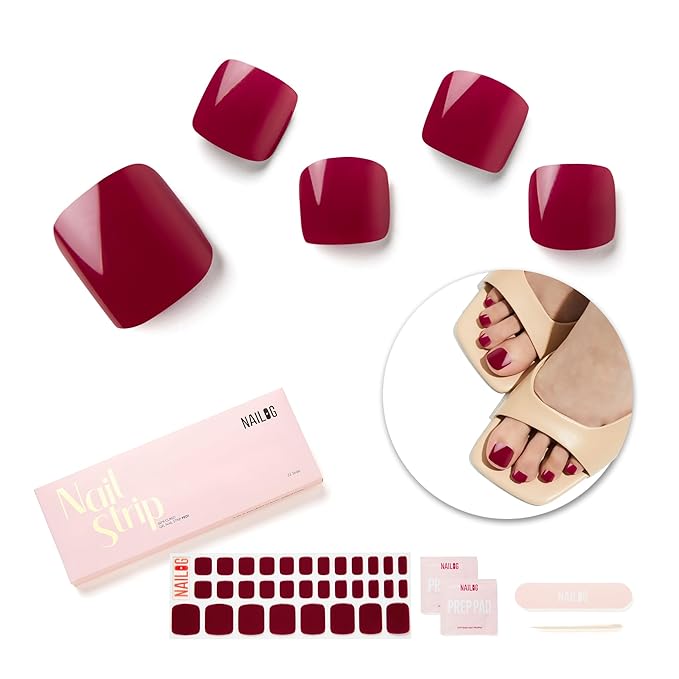 NAILOG Semi Cured Gel Nail Strips, Toe Nail Polish Strips with Glossy Gel Finishing | Buy 3 Get 1 UV Lamp| 32 Pieces Long Lasting Pedi Stickers | Rouge Noir