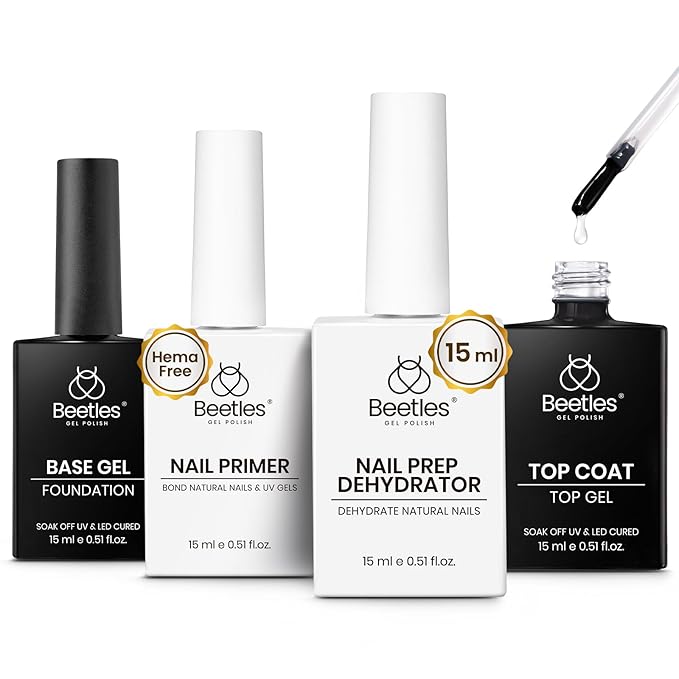 Beetles 4 Pcs 15ml Gel Top Coat and Base Coat Set with Nail Dehydrator and Primer Professional Nail Prep Acid-Free & Hema-Free Dehydrate Bond Primer Set for Acrylic & Gel Nail Polish Fall Nail Gifts