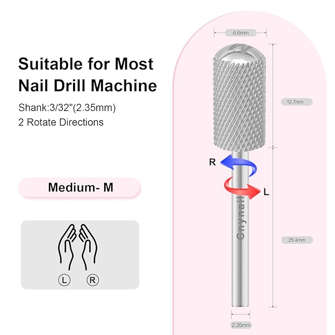 3/32" Large Barrel Smooth Round Top Tungsten Carbide Nail Drill Bit Safety Bit for Gel & Acrylic Removal, 2-Way Rotating Efile Tip, Salon Electric File Accessory (M Grit, Silver)