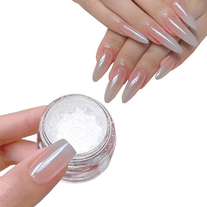 White Pearl Chrome Nail Powder, High Gloss Mirror Effect Pearlescent Iridescent Glitters Powder Mermaid Pigment for Nail Art Decoration