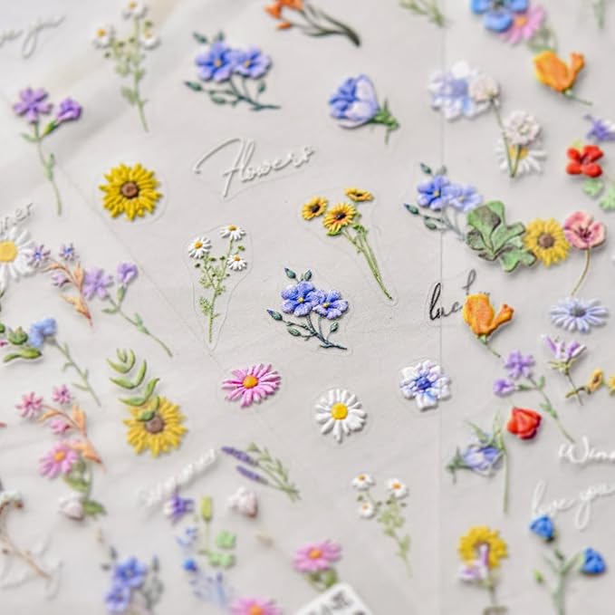 5D Embossed Flower Nail Stickers Flowers Nail Art Decals Nail Design Self Adhesive Nail Decals Flower Nail Art Spring Nails Decoration for Women DIY Manicure