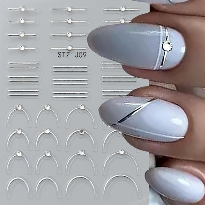 4 Sheets French Tip Nail Art Stickers 5D Simple Gold Silver Line Nail Stickers with Shiny Diamond Design Self-Adhesive Nail Decals French Sticker for Women Manicure Decorations