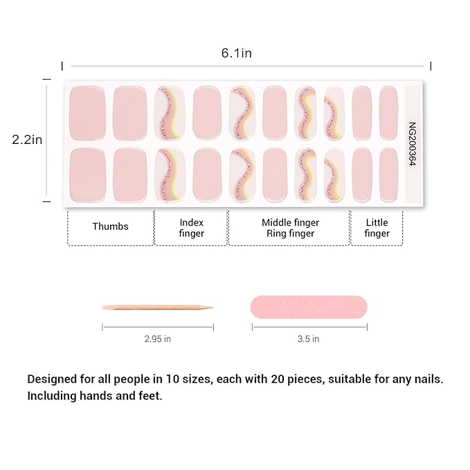 20pcs Semi Cured Gel Nail Strips, Real Nail Polish Art Stickers, Starry River Pink Gel Nail Stickers - Work with Any UV Lamp, Long Lasting Full Wraps with Nails File and Stick