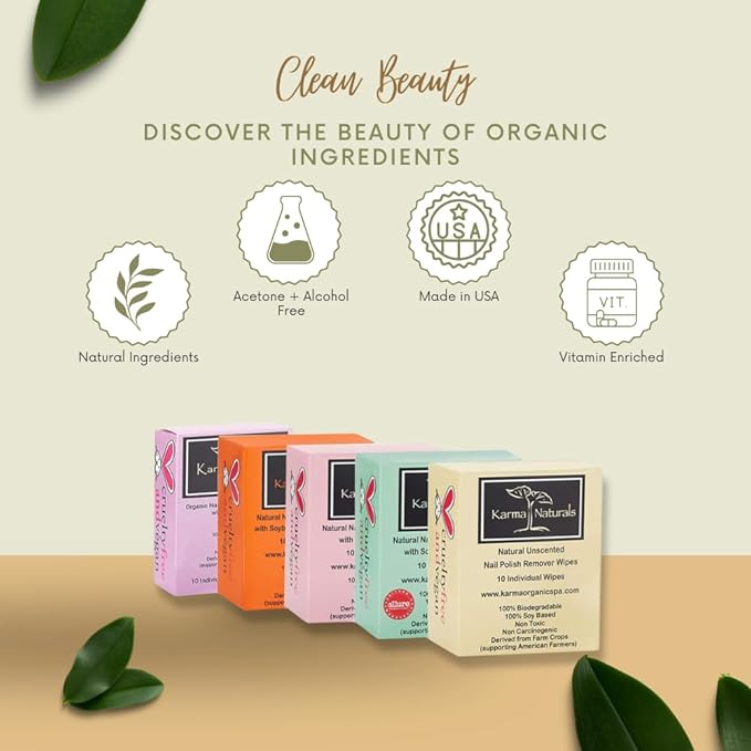 Karma Organic Unscented Nail Polish Remover Wipes, 100% Soy Based, Non-Toxic, Vegan, Cruelty-Free – Pack of 10