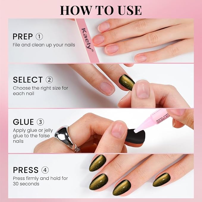 evpct Cat Eye Gold Press on Nails Almond Short, Gold Metal Short Almond Soft Gel Press on Nails with Nail Glue, Fit Perfectly, 30Pcs Reusable Acrylic Fake Press-on Nail Polish Kit for Women Gift