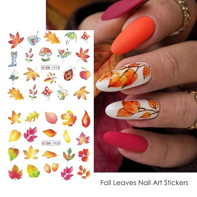 Fall Nail Art Stickers Autumn Leaves Nail Water Transfer Decals Thanksgiving Nail Art Accessories Foils Sliders Nail Water Decals Maple Leaf Pumpkin Turkey Designs for Women DIY Manicure (12 Pcs)