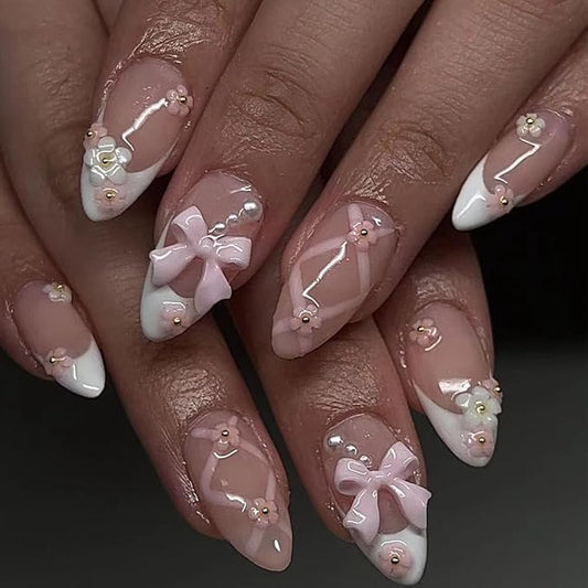 French Press On Nails Medium Rhinestone Pink Fake Nails Almond Bling Glossy 3D Flower False Nail Tips Glue On Nails Full Cover Artificial Nails Stick On Nails for Women, 24 Pcs