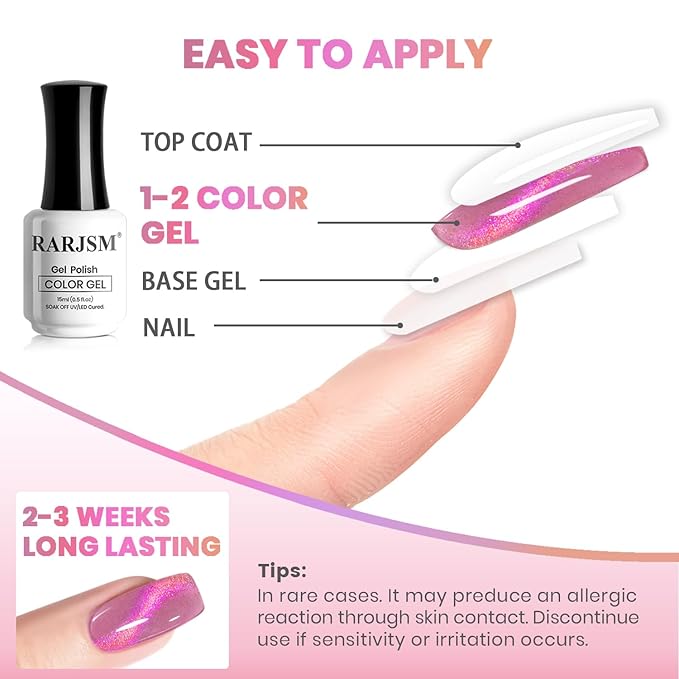 RARJSM Rose Pink Aurora Cat Eye Gel Nail Polish Multichrome Color Glitter Fuchsia Candy Glass Diamond Cat Eye Gel Polish with Magnet Stick Soak off UV LED Curing Requires Home Salon Diy Nail Art