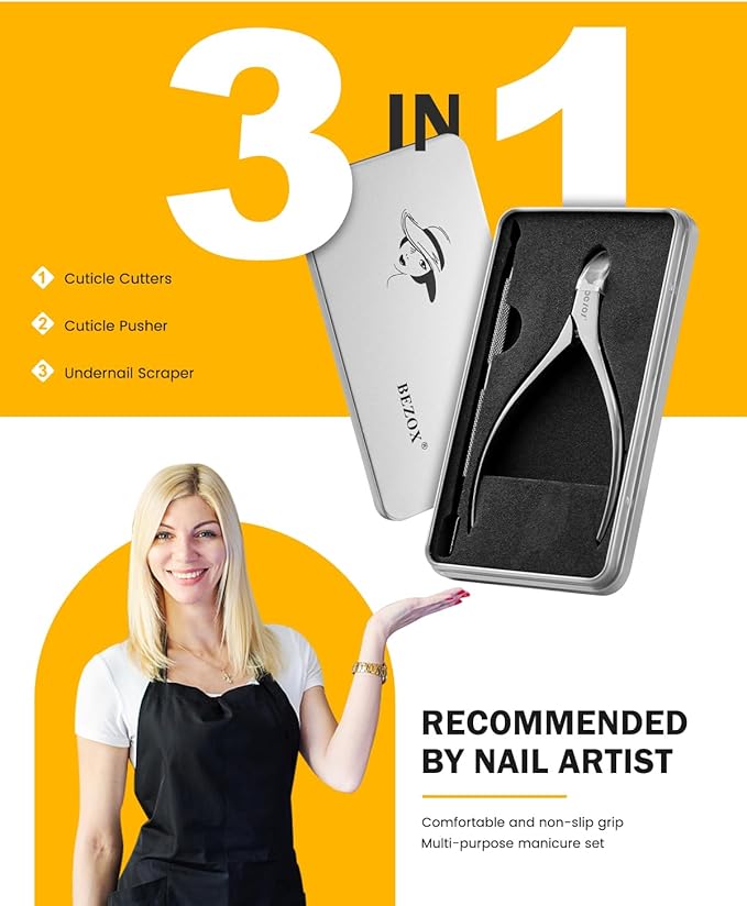 BEZOX Cuticle Trimmer with Pusher - Salon Quality Cuticle Clipper with Cuticle Pushers, Super Sharp Cuticle Cutters and Dual-End Nail Pushers Cuticle Stick, Professional Manicure Tools