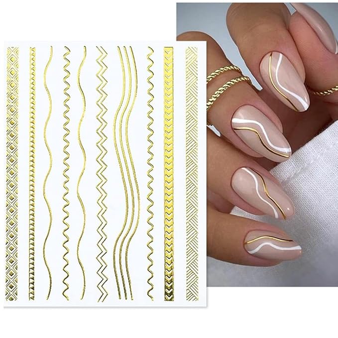 10 Sheets Gold Lines Nail Art Stickers Decal,Metal Geometric Stripe Wavy Line Self Adhesive Nail Decals French Classic Simple 3D Designs Nail Foil Stickers Sliders Manicure Decorations for Women Girls