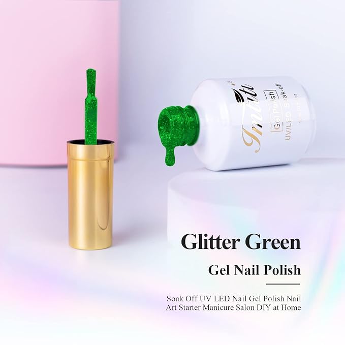 Imtiti Green Glitter Gel Nail Polish, 0.5 fl oz Sparkly Shimmer Christmas Forest Green Color Soak Off Polish for Nail Art Manicure Salon DIY Lamp Design
