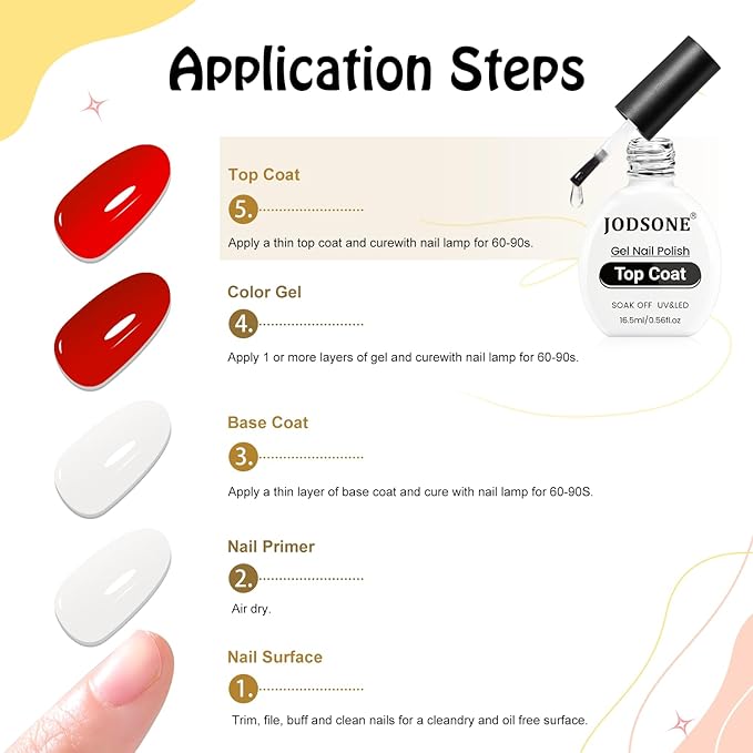 JODSONE 2Pcs 16.5ml Gel Top Coat No Wipe Clear Glossy Shine Finish Long Lasting No Soak Off Nail and Need U V Lamp Cured For Salon DIY Nail Art Design