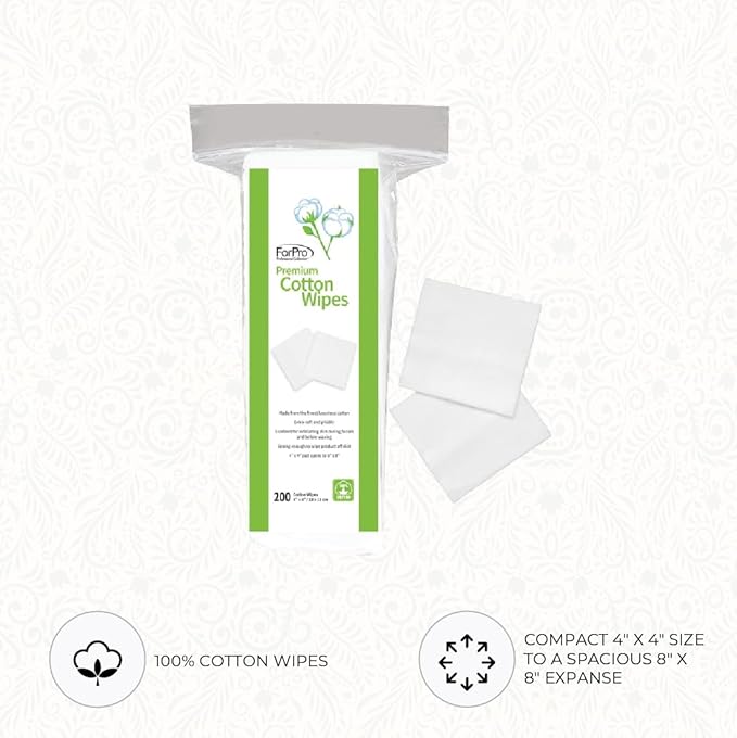 ForPro Professional Collection Premium Cotton Wipes, 100% Cotton, Extra-Soft, for Cosmetic, Nail, and Personal Care, 4” x 4”, 200-Count