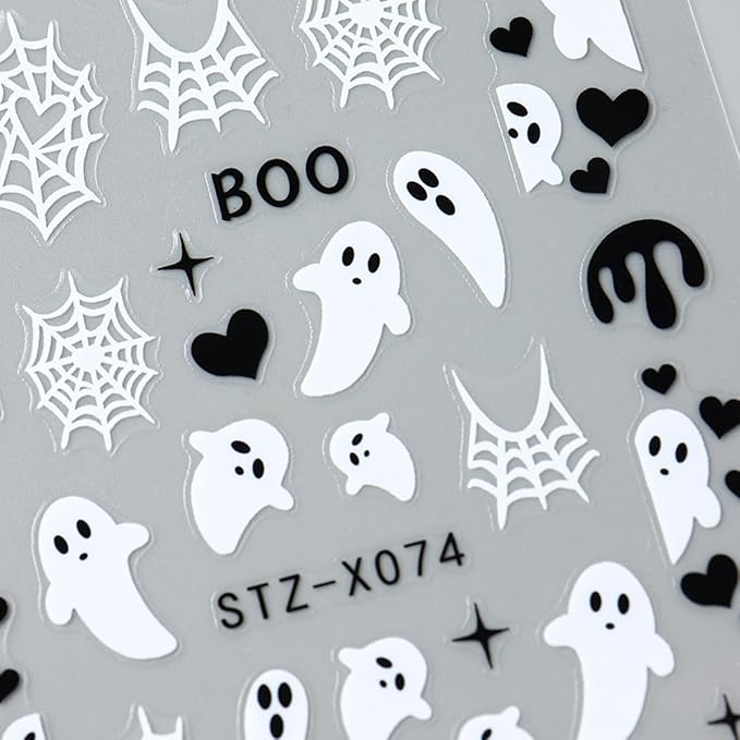 Halloween Nail Art Stickers Decals 3D Ghost Spider Web Nail Stickers 6PCS Cute Ghost Love Heart Spider Web Bandage Eye Ball Halloween Nails Design Adhesive Stickers for Women DIY Nail Art Decorations