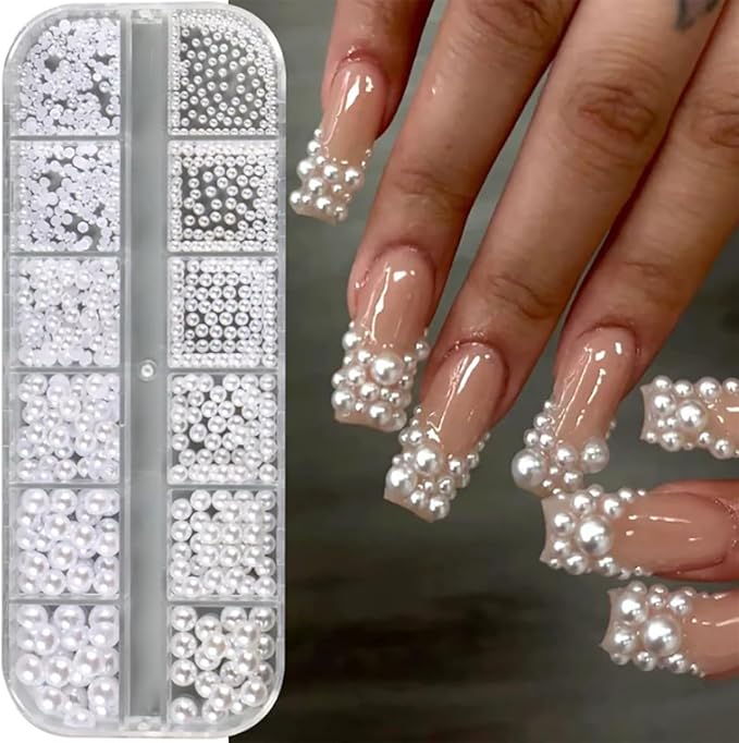 12 Grids Half Round Pearl Beads 3D Nail Charms Elegant White Wedding Designs Decorations Mixed Pearls Ornaments Manicure Decor (White)