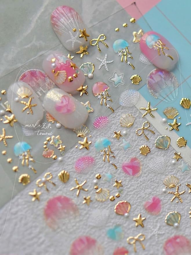 Golden Beach Seashell Nail Stickers 5D Embossed – Premium Salon-Quality Nail Charm Accessories, Easy Application & Self-Adhesive Summer Sticker for DIY Manicure, Nail Art, Press on, Home or Salon Use