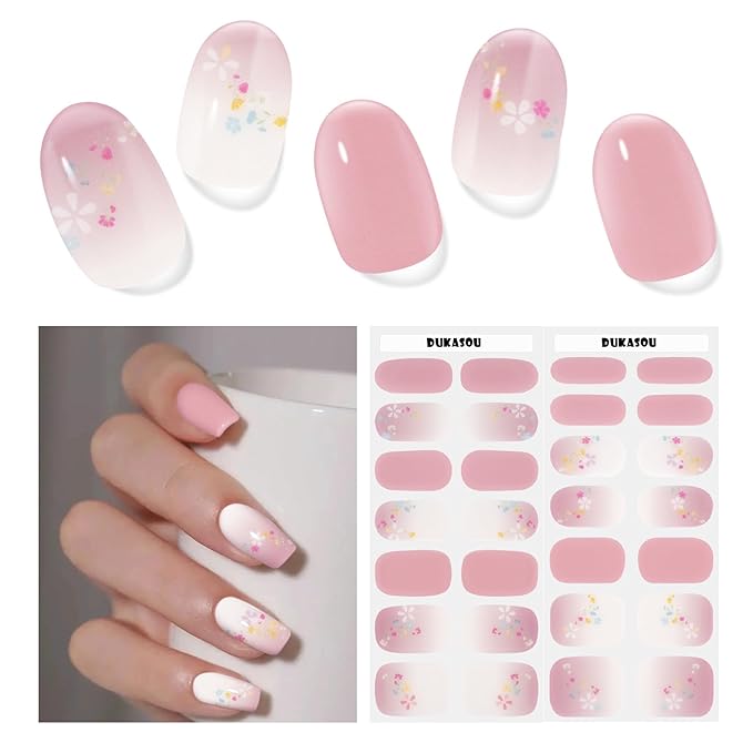 Semi Cured Gel Nail Strips,28 PCS Nail Wraps for Women(Flower),Gel Stickers for Nails UV Light, Includes Prep Pads, NailFile & Wood Stick