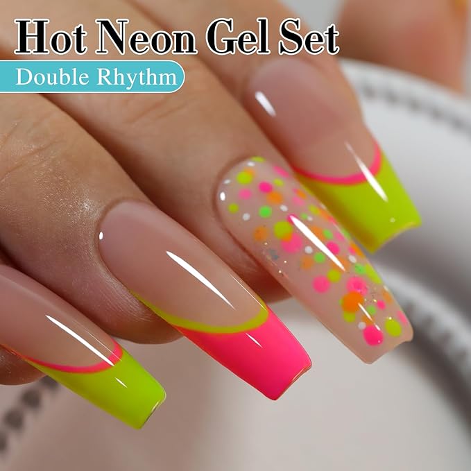 Double Rhythm Gel Nail Polish Set of 6 Colors Baby Light Pastel Milky Nail Polish Starter Kit Art DIY Salon Home (Neon Pink Blue Green Yellow Purple Orange,Kit 7)
