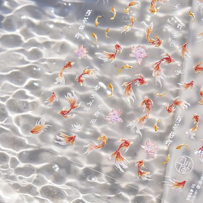 Goldfish Nail Art Stickers Sparkly Koi Fish Nail Stickers 5D Embossed Koi Lotus Lucky Red Self-Adhesive Nails Design Shell Light Goldfish Adhesive Slider for Women DIY Nails Art Decorations