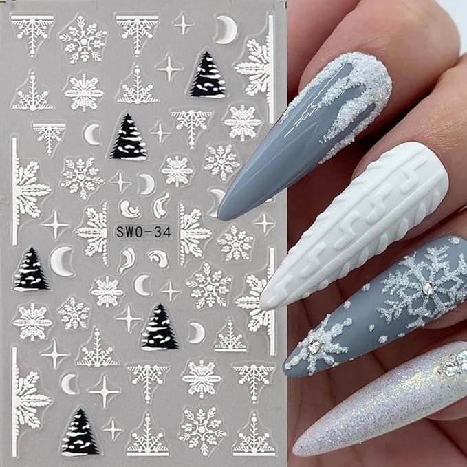 2 Sheets 5D Christmas Embossed Nail Art Stickers Snowflakes Nail Decals Cute Snow Trees Bells Winter Design Self-Adhesive Pegatinas Uñas Xmas Nail Stickers Santa Claus Nail Decals for Women Manicure