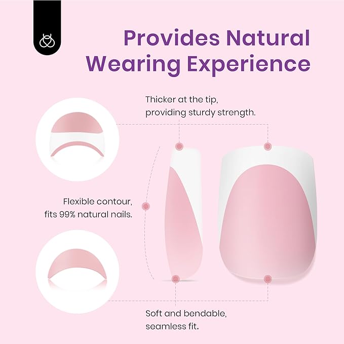 Beetles X Press Plus French Tip Nails - Camellia French | Pink Short Square Press On Nails | 16 Sizes 224 Pcs Natural Salon Quality Gel Nail Tips