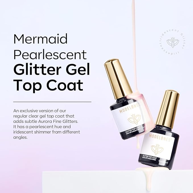 modelones Pearl Gel Nail Polish Top Coat, 2-in-one Clear Pearlescent Glitter Glossy Sparkle Finish Long Lasting Soak Off Mermaid Shimmer Manicure Nail Art Home Salon DIY 10 ML