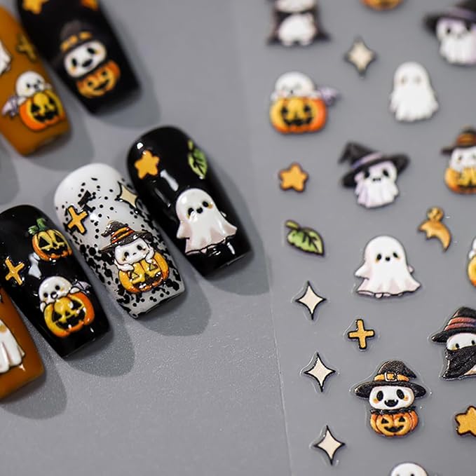 5D Embossed Halloween Nail Stickers Cute Ghost Pumpkin Nail Decals Self-Adhesive Halloween Nail Supplies Pegatinas Uñas Stars Leaf Design Fall Nail Art Stickers for Women Girls DIY Manicure 1Sheets