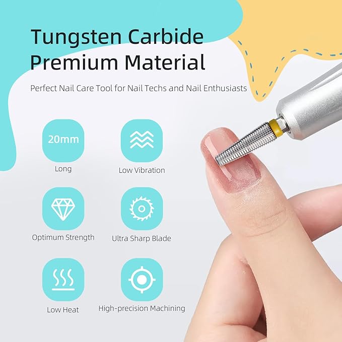 Long 5 in 1 Nail Drill Bits, XF 20mm Carbide Tapered Nail Bit, Straight Cut Safety Drill Bits for Nails, 3/32 Two-way, Electric Manicure Drills Removal Base Coat
