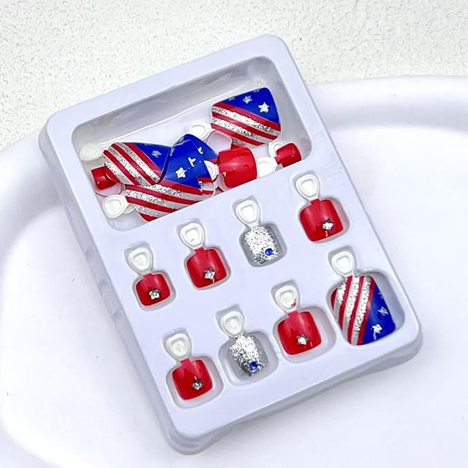 Independence Day Glitter Stripe Press-On Toenails Short Square False Toenails July 4th Blue Rhinestone Patriotic Star Design for Women Girls Independence Day Nail Art Decorations 24 Pieces