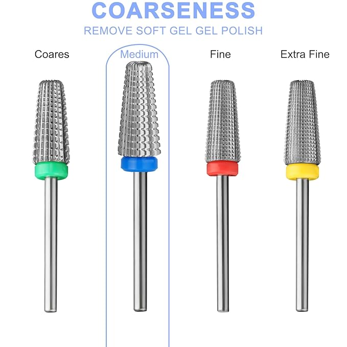 5 in 1 Nail Drill Bits 3/32" Carbide Tungsten Bit Suitable for Manicure Pedicure Cuticle Gel Polishing Fast remove Acrylic or Hard Gel Technicians Bits (Medium - M, Silver)