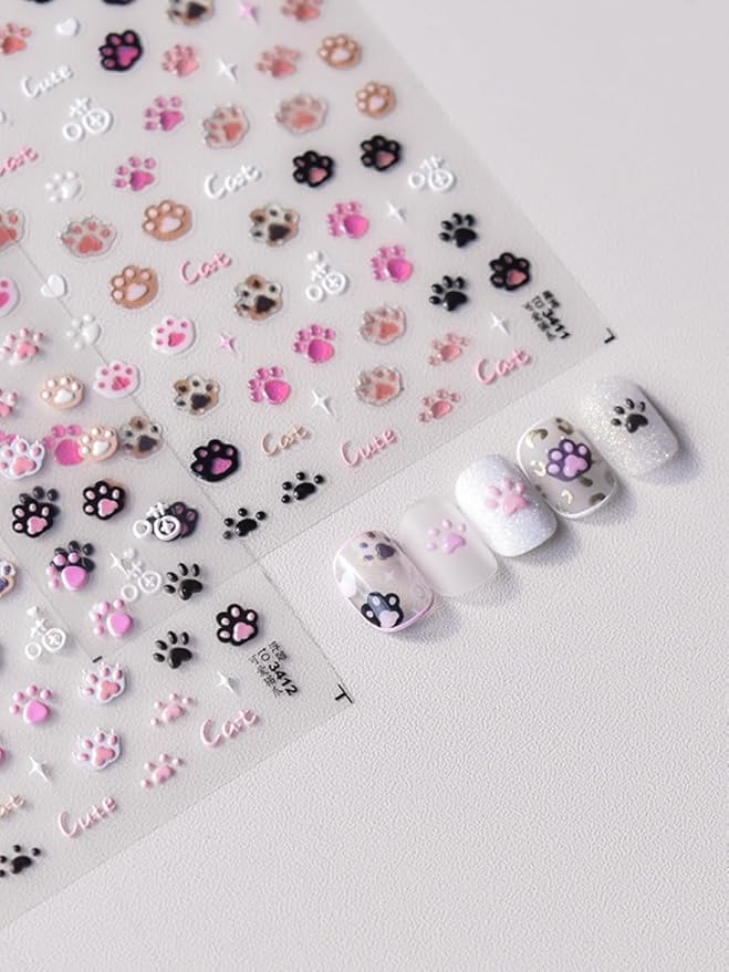 Cat Paws Nail Stickers 5D Embossed – Premium Salon-Quality Nail Charm Accessories, Easy Application & Self-Adhesive Cute Kitten Paw Cats Decal for DIY Manicure, Nail Art, Press on, Home or Salon Use