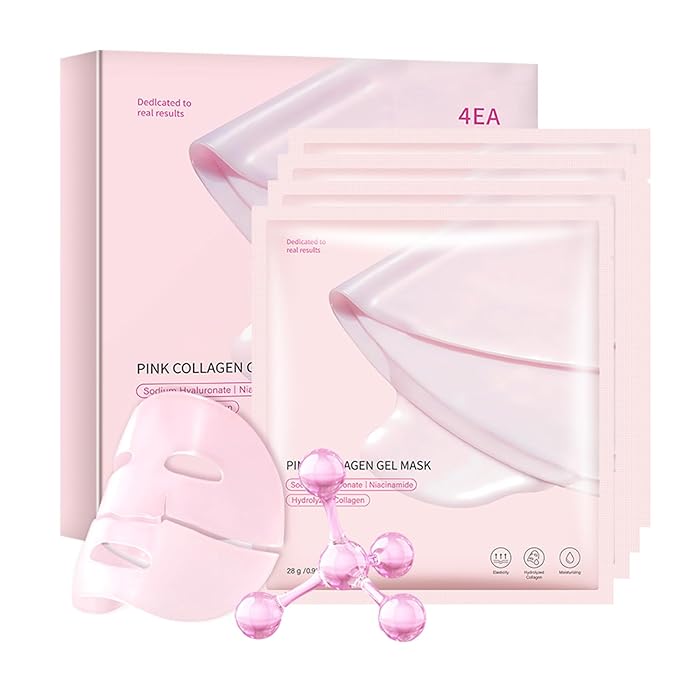Pink Collagen Jelly Gel Sleeping Mask, Overnight Face Mask for Glass Glow Skin Hydrating Firming Elasticity, Deep Moisture Barrier Care, Cooling Refreshing Korean Skincare, 28g x 4pcs