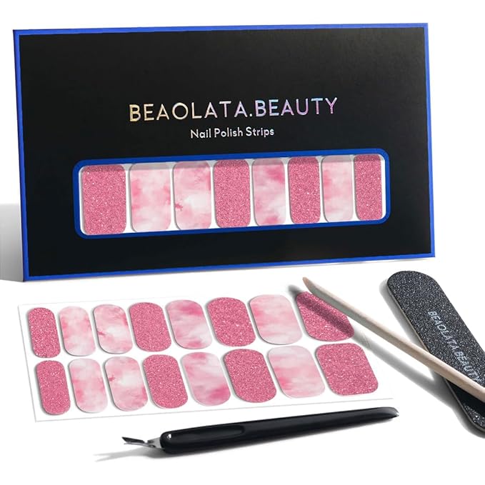 Nail Polish Strips, 32PCS Salon Quality Wraps, Long Lasting Gel Nail Stickers for Women Easy Apply& Remove (Falling Sakura Pink)