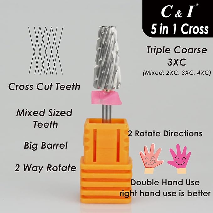 C & I 5 in 1 Multi-Function Tapered Shape Nail Drill, Cross Teeth Edition, Professional Drill Bit for Nail Manicure Machine (Triple Coarse - 3XC)