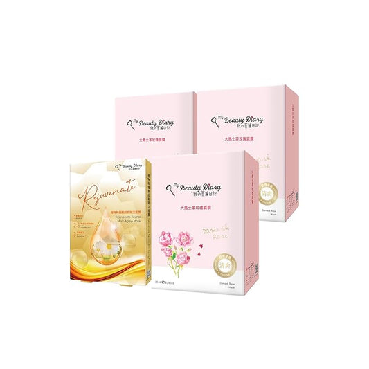 My Beauty Diary Damask Rose Facial Mask (3 Boxes x 8pcs) + Rejuvenate Revital Rock Rose Facial Mask (1 Box x 2pcs)- Instant Hydrating & Firming Mask for Dry Skin & All Skin Types