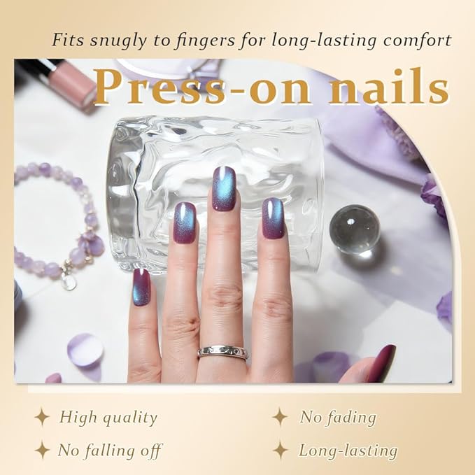Aqua Blue Reflective Cat Eye Press on Nails Medium Square, Medium Square Press Glue on Nails Chrome for Women, Blue Holographic Glitter Glossy Reusable Gel Acrylic Fake Nail with Designs Cateye Effect