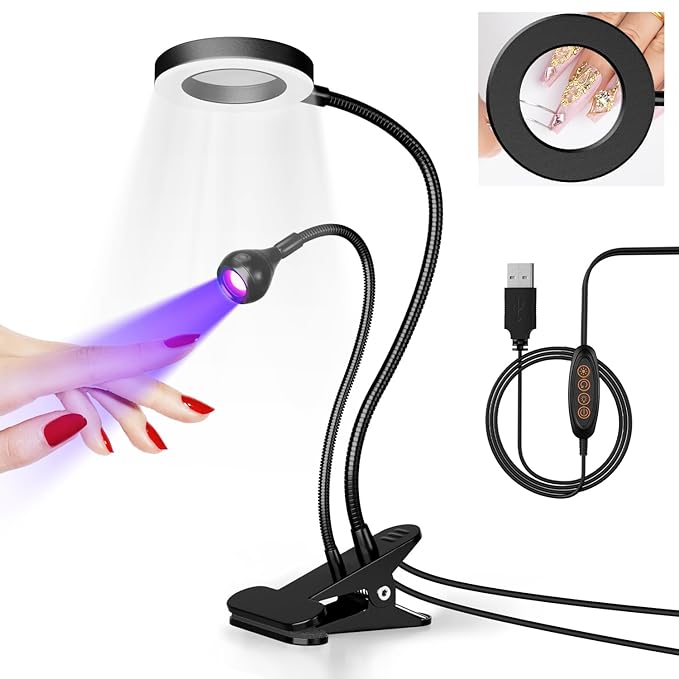 krofaue UV Nail Lamp - Flash Cure Lamp Dual-Light UV Light with 6× Magnifier 4-Levels Brightness Nail Dryer for Regular Polish, Desk Clip Salon-Perfect Manicures at Home Black