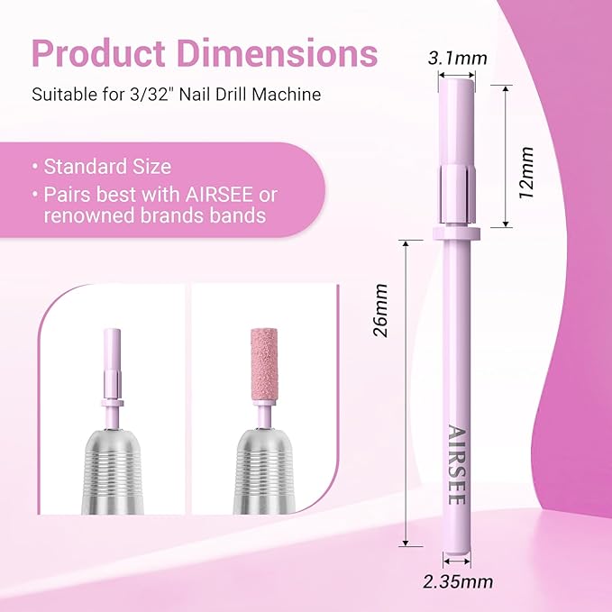 AIRSEE 3.1mm Small Nail Drill Mandrel Bits for Mini Efile Sanding Bands, Stainless Steel Professional Electric Head Clean Remove Cuticle Removing, Acrylic Manicure Sander Safety (Rose Pink)