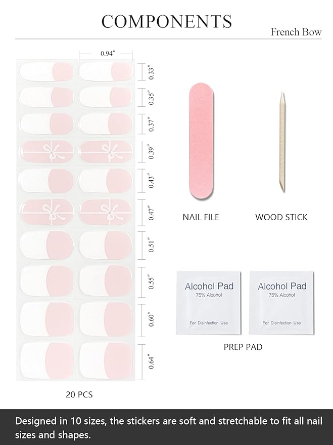 Semi Cured Gel Nail Strips (French Bow)-20 PCS Gel Nail Stickers | Gel Nail Wraps | UV Light Required, Salon Quality & Easy To Use