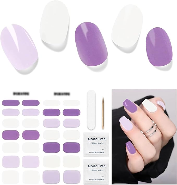 Semi Cured Gel Nail Strips, 28 pcs UV Gel Nail Stickers Full Nails Wraps for Women Home DIY Nails Art, UV Light Required(Lilac Purple)