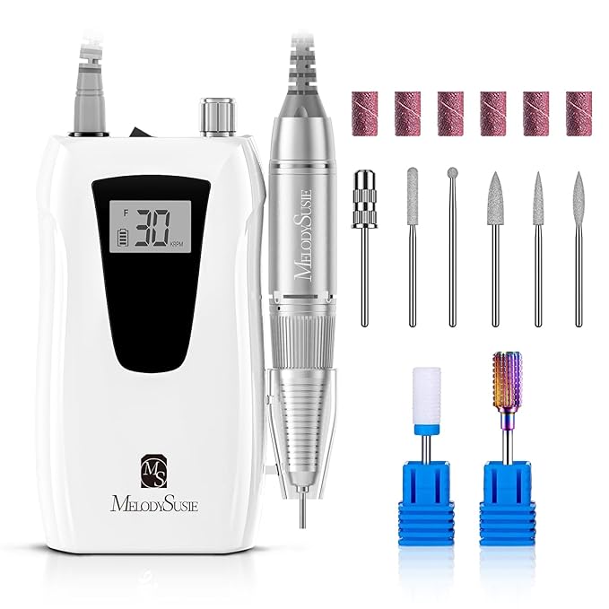 MelodySusie Professional Nail Drill 30000RPM, SC320D Rechargeable Electric Nail Drill Machine, Cordless Nail E File for Acrylic Gel Nails, 8pcs Drill Bits 106pcs Sanding Bands, Selene White