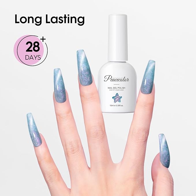 Peacecolor Cateye Gel Polish Shimmer Pearl Nail Polish with Magnet Pink Purple Blue Glitter 6 Colors Cat Eye Magnetic Nail Polish Iridescent Chrome Mermaid Drawing Swirl Shell Thread Effect DIY Gifts