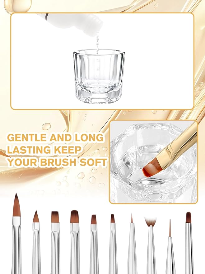 EBANKU 120ml Acrylic Nail Brush Cleaner, 3 in 1 Nail Art Brushes Conditioner Nail Brush Clean Solution Quickly Clean With Glass Cup and 100 Pcs Cleansing Pad for Solid Gel Polish/Nail Extension Gel