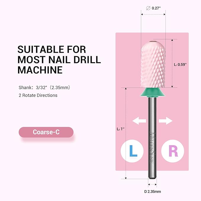 MelodySusie Ceramic Nail Drill Bit, 3/32'' Smooth Round Top Large Barrel Bits, Suitable for Manicure Pedicure Cuticle Gel Polishing, Beginners Bits, Pink, Series Bit-S, Coarse