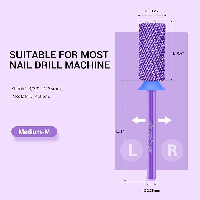 MelodySusie Large Barrel 3/32'' Tungsten Carbide Nail Drill Bit, Crystal Top Purple Heart Shape, Fast Remove Acrylic Gel, Cuticle Gel Polishing for Manicure Pedicure, Purple, Series Bit-S, Medium