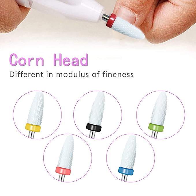 5 Size Professional Corn Head Ceramic Nail Drill Bits Set with Holder for Electric Nail File Manicure Pedicure Acrylic Gel Polishing, 3/32'' (2.35mm)
